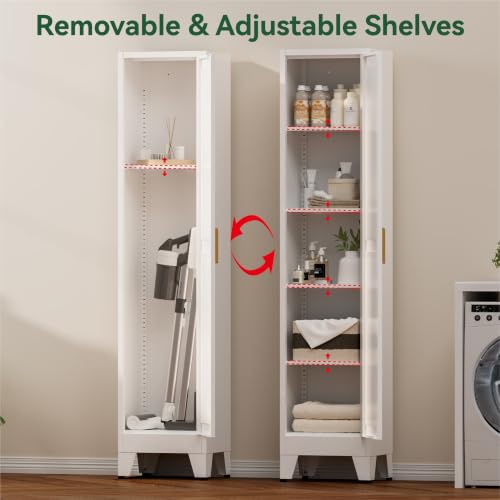Image of Bevivog 67 inch Slim Storage Cabinet, Narrow Metal Broom Closet for Laundry Room Bathroom, Tall Slim Pantry Cabinets for Small Space