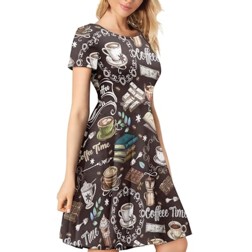Image of POLERO Women Puffy Swing Elegant Party Midi Dresses Short Sleeve Round Neck A-Line Dress