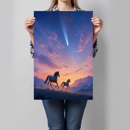 Tableau chevaux sauvage 80x120cm au coucher du soleil bleu orange pour déco de salon