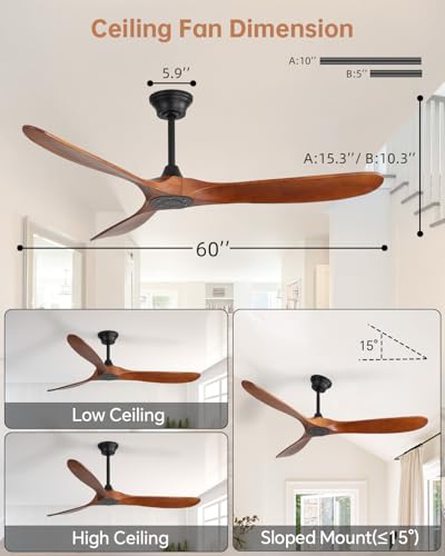 Image of Sofucor 60 Inch Smart Wood Ceiling Fan No Light, Alexa /App /Remote Control