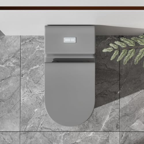 Inodoro monoblock gris alargado, altura cómoda, doble descarga | Asiento UF duradero, tapa con cierre suave silencioso, descarga eficiente, acabado cerámico gris para baños modernos miniatura 3
