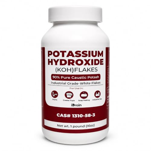 iDrain Potassium Hydroxide (KOH) Flakes 90% Pure Caustic Potash Industrial Grade Lye for Soap Making Biodiesel Drain Cleaning & Grease Traps Resealable Container 1 lb / 16oz.