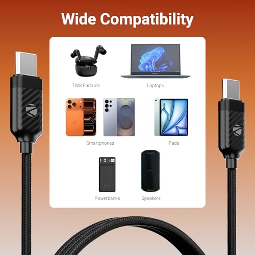 Image of Zebronics Type C - Type C Braided Cable, 60 Watts, Upto 480Mbps Data Sync, Fast Charging, 1 M, Compatible with iPhone 15 & 16 Series, iPad, MacBook, Samsung, Android (Wattz 60CC5, Black)