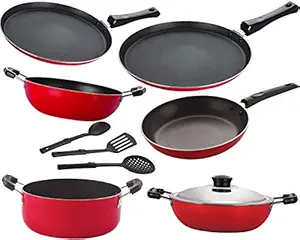 Nirlon Non Stick Aluminium cookware Set of 9 Pieces Kitchenware Utensils Combo Offer [FT13_DKDB_KD13_FT11_Cass20_TP24_3SPN]