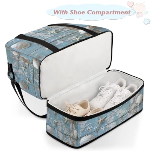 Travel Duffel Bag with Shoe Compartment, Starfishes Shells Shoulder Weekender Bags for Women, Foldable Waterproof Travel Bag Carry on Bag4