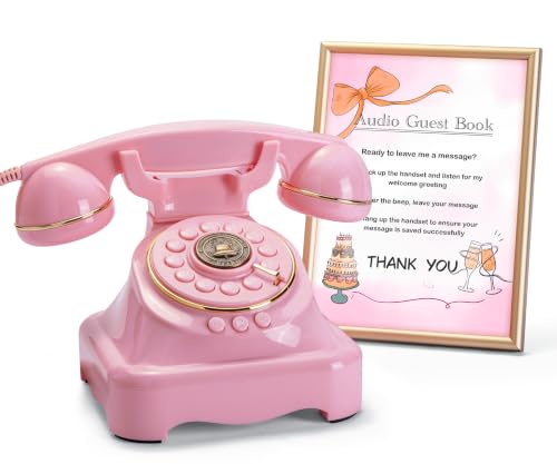Image of RetroVox Audio Guest Book Wedding Phone Guestbook and Signage Guest Audio Message Book, Vintage Style for Wedding Reception, Bridal Shower, Baby Shower(Pink & Sign Holder F)