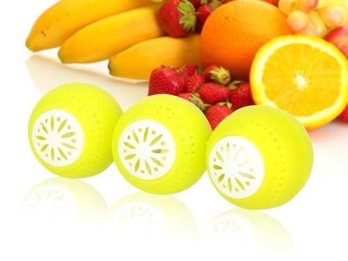 Tris - Bolas absorbentes de olores para frigorífico, armario y baño, juego de 3 unidades, 5 cm, absorbe la humedad, amarillo verde lima, frutas y verduras frescas, diámetro 5 cm, elimina olores