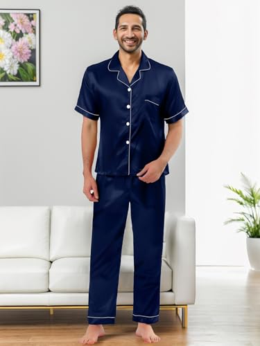 IFFEI Men's Silk Pajamas 2 Piece Short Sleeve Button Down Top and Pants Matching Pj's Set with Pockets4