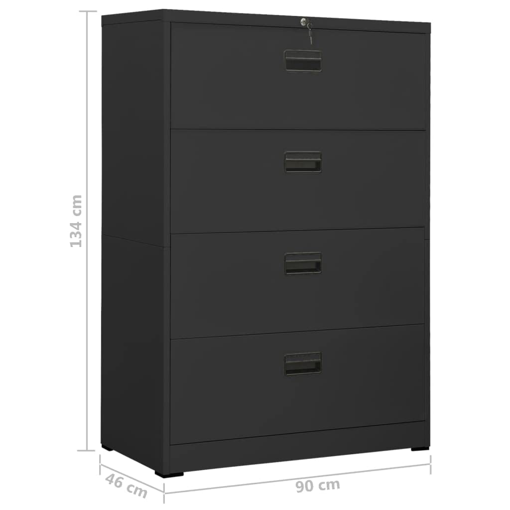 Armadietto portadocumenti in acciaio antracite, 90 x 46 x 134 cm, armadio da ufficio con 4 cassetti, serratura e cartelle sospese, per documenti legali A4, per ufficio e casa