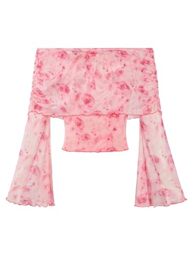 Verdusa Women's 70s Off Shoulder Flare Sleeve Ruched Tee Top Floral Print Lettuce Trim Crop Tee Shirt Pink X-Large