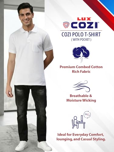 Image of Lux Cozi Men's Polo T-Shirt Regular Fit Half Sleeves with Pocket | Cotton Blend Polo Neck Collar T-Shirt for Men | Casual, Office Comfortable Breathable T-Shirt | Stylish Plain Tee