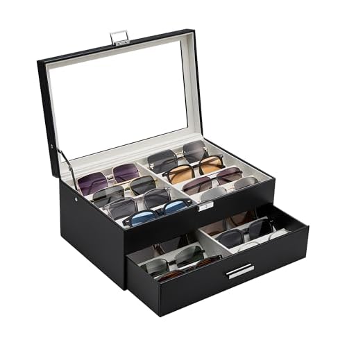 ProCase 8/16 Slots Sunglasses Organizer Box with Clear Glass Lid & Lock, PU Glasses Storage Display Case with Tilted Dividers