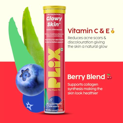 Image of PLIX - THE PLANT FIX Glutathione Effervescent Tablets for Clear, Glowing & Youthful Skin | 500mg Glutathione, Vit E & Hyaluronic Acid | No Maltodextrin, No Sugar | Pack of 4 (60 tabs) | Watermelon