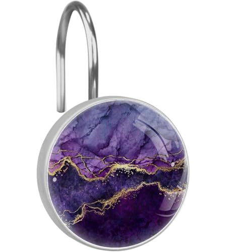 Purple Marble Abstract Gold Decorative Shower Curtain Hooks Rings Set