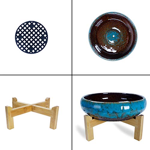 Succulent Pot, 10 Inch Large Succulent Planters With Stand - Ceramic Bonsai Pot With Drainage For Indoor Plants Cactus Flower Planter Pot Plus Succulent Planting Tools Set & 2.2Lb Mix Pebbles #TOP3