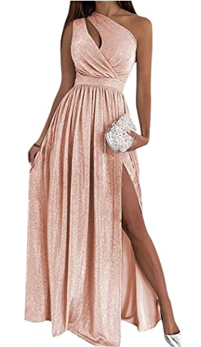 Sparkly One Shoulder Prom Dress Keyhole Satin Bridesmaid Formal Dress with Slit