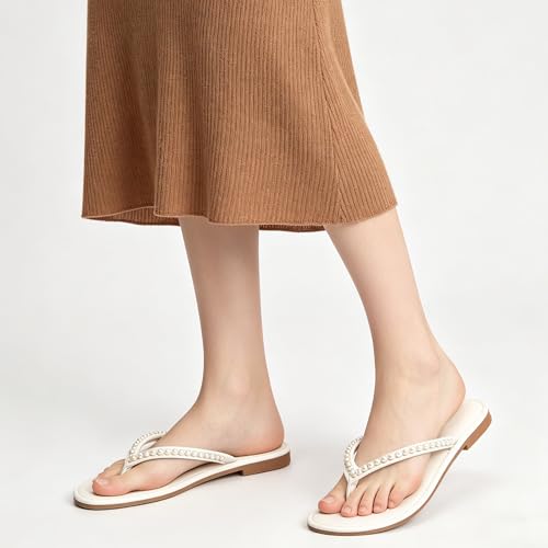 Image of LM Women's Pearls Strappy Flat Sandals Thong Sandals Flip Flop Slip On Slide Sandals for Women Dressy Summer