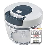 FACKELMANN Multi-Hacker #easyprepare, hochwertiger Multi-Zerkleinerer mit Seilzug, transparenter Auffangbehälter mit Frischhaltedeckel, sicher Halt durch Anti-Rutsch-Boden (Farbe: Weiß/Blau-Grau)