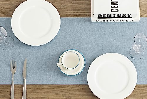Image of ZeeMart Basic Linen Style Table Runner, 14 x 36 Inch Blue Chambray, Rustic Farmhouse Light Dusty Blue Table Runners 36 Inches Long, Everyday Polyester Table Runner - Machine Washable & Easy Care