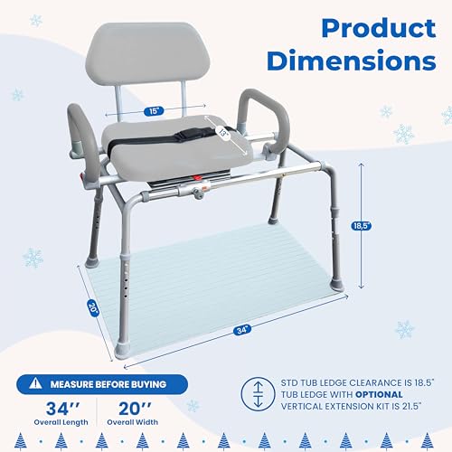 Carousel Sliding Shower Chair Transfer Bench with Swivel Seat, Premium Padded Bath, with Pivoting Arms, Adjustable Space Saving Design for Tubs, Shower, for Handicap & Seniors, Gray