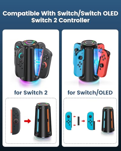 Image of Upgraded [Switch 2 /1 Both] Charging Dock for Nintendo Switch Joycons, 4-in-1 Magnectic Controller Fast Charging Station with Adjustable RGB Lights