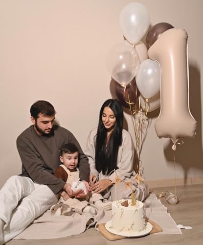 Image of 40 Inch Light Brown 1 Balloon for First Birthday, Tan 1st Number Balloons Khaki Birthday Decorations, Beige One Giant Number 1 Balloon