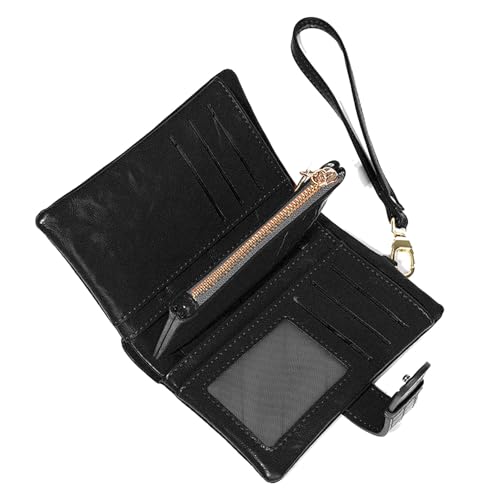 Wallets for Women Small Leather Rfid Ladies Wallets Bifold Medium Billfolds for Women Compact Trifold Wristlet with Wrist Strap Coin purse Card holder (Black)2