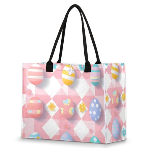Easter Colorful Egg Tote Bag for Women Large Beach Bag Reusable Tote Bags for Work Travel Beach Shopping
