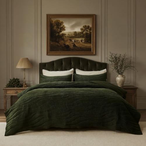 Image of DOWN HOME Crinkle Textured Velvet Quilt Set with Shams, All-Season Luxury Modern Bedding,Easy Care Comforter,Ultra-Soft,Lightweight & Breathable, Cali King, Courtyard Green