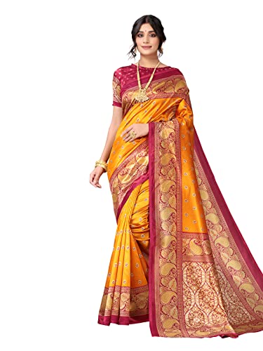 Satrani Women’s Banarasi Silk Blend Saree (2437ST879_Turmeric Yellow, Beige)