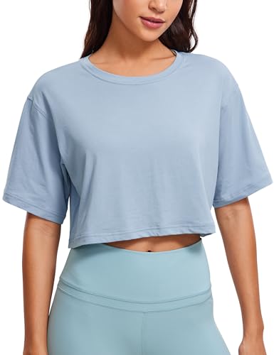 Image of CRZ YOGA Pima Cotton High Neck Crop T-Shirt | Workout, Naturally Soft, Loose Fit, Short Sleeve Tops for Women