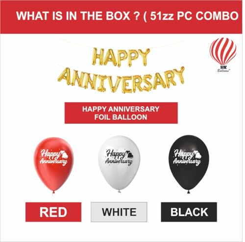 Image of HK balloons 51Pcs Red White Black Anniversary Decoration Item Kite Set With Happy Anniversary Foil Banner For Wedding Anniversary Decoration Combo for Couple