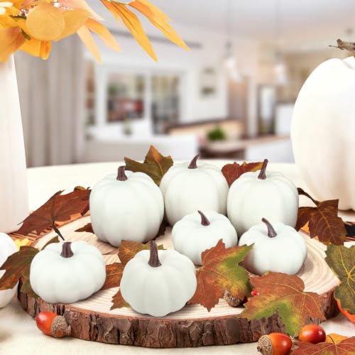 Image of Ghrdopy Fake Pumpkins, 7 Pcs White Artificial Pumpkins, Plastic Pumpkins for Thanksgiving Party Table Centerpiece Autumn Home Decoration-A