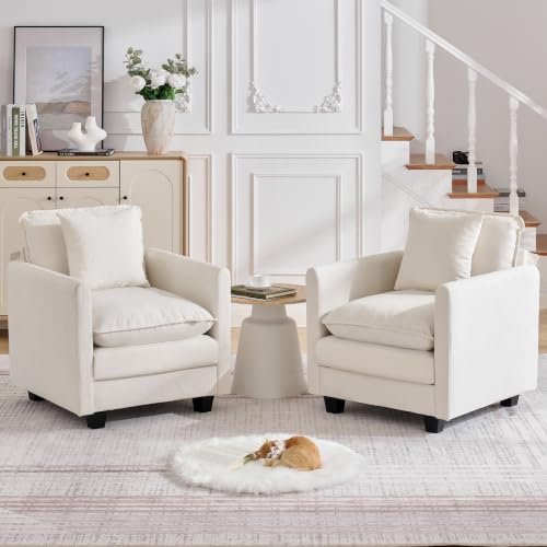 Image of Cloud 2 Pieces Sofa Set, Single Couch Set of 2 with Throw Pillow, Modern 1 Seater Reading Chair with Deep Seat, Accent Chairs for Living Room, Bedroom, Small Apartment, Beige