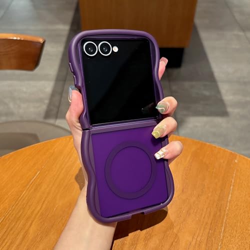 UEEBAI Magnetic for Samsung Galaxy Z Flip 7 5G Case, Compatible with MagSafe, Transparent Wave Frame Design Case Soft Edge Cover Cute Clear Matte Shockproof Protective Phone Case, Purple