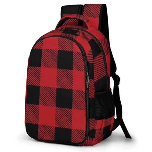 Men's Commuter Bag Large Travel Bag Portable Work Backpack With Double Zippers Red Black Buffalo Check Plaid Pattern