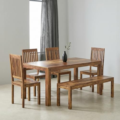 Image of Amazon Brand - Solimo Solid Sheesham Wood Phiara 6 Seater Dining Table with 1 Bench and 4 Cushioned Chairs | Wooden Furniture for Dining Room, Hotel and Home (Natural Finish)