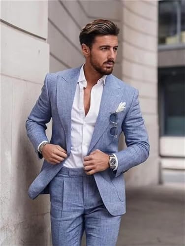 Linen Suit Set for Men,Men's Slim Fit 2 Piece Suit,Casual Wedding Summer Beach Party Blazer Pants Set4