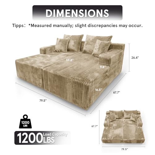 Image of Sytopia Loveseat Chaise Lounge with Armrests, Oversized Sofa Bed with 4 Pillows, Cozy Boneless Sleeper, Modular Sectional Couch for Living Room Bedroom, Floor Chair Furniture sala Corduroy
