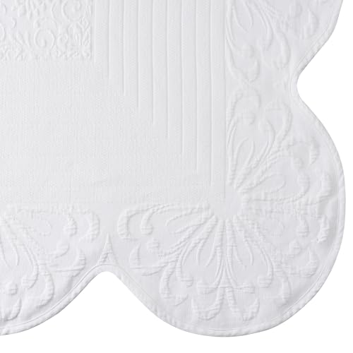 Charleston Estate Modern Farmhouse Floral Matelasse Coverlet with Scalloped Edges, 100% Cotton Breathable Bedding, King/Cal King, White Floral