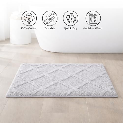 Image of Premium Combed Cotton Tufted Bathmat 50 x 80 cm, 1800 GSM Soft Absorbent Anti Skid Bathroom Floor Mat with Latex Backing, Quick Dry Non Slip Bath Rug for Shower & Daily Use, Diamond Silver