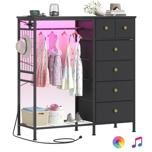 Image of OtterOasis 47.2" White Dresser with Hanging Rack, 2 in 1 Bedroom 6 Drawers Dresser with LED Lights & Charging Station, Wooden Dressers with Fabric Drawers and Clothing Rack (Black (Hanging Rack))