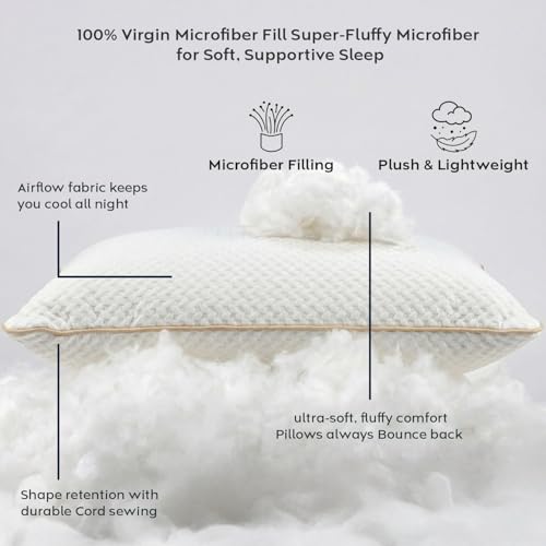 Image of AYKA Super Soft Microfiber Bed Pillow | Virgin Fiber Filled Plush Pillow | Adequate Firmness & Neck Support | Hypoallergenic, Washable | Ideal for Side, Back & Stomach Sleepers | White | Pack of 2