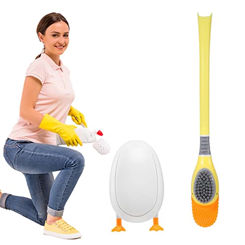 Escobilla de inodoro de silicona con forma de pato con base antigoteo, escobilla de inodoro para niños, cepillo de inodoro con silicona y cerdas duras, para suelo y montaje en pared (amarillo)