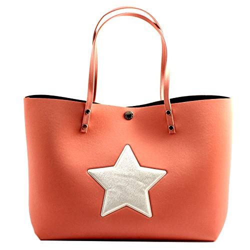 Shopping bag in neoprene arancione con manici a spalla, applicazione senza cuciture glitter a forma di stella MADE IN ITALY. altezza 33 cm. larghezza base 40 cm. profondità base 16,5 cm.