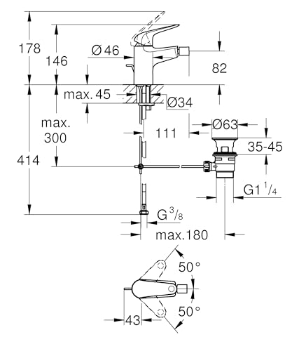 GROHE Swift, Bidetarmatur, wassersparend (WC Dusche für die Toilette im Bad, Kugelgelenk-Mousseur, mit Zugstangen-Ablauf, 15cm hoch, mit 3in1 Werkzeug, einfache Installation), chrom, 24332001