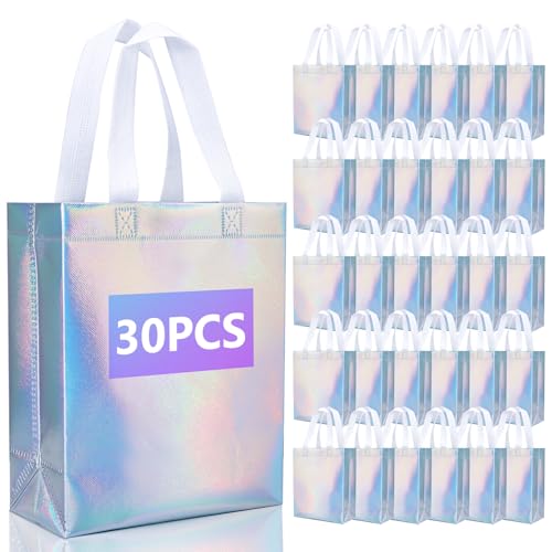 NEOACT 30 Pcs Iridescent Gift Bags Medium Size Glossy Holographic Reusable Gift Bags with Handles Ideal Goodie Bag for Birthday Wedding Christmas Party Favor - 7.8x3.9x10 Inch