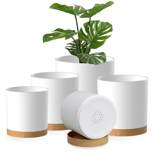 Homeuouz 5 Packs Blumentopf mit Untersetzer, 17.8/15.2/14/12.7/10.2cm Pflanzentopf, Plastik Übertopf, Hydrokultur Topf, Blumentöpfe Set Ideal für Innen und Balkongärten, Weißes mit braunes Tablett