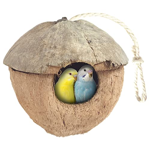 PINVNBY Natural Coconut Bird Hide Nest Hut House Coconut Shell Breeding Bird Nest Coconut Fiber Hanging Birdhouse Cage Habitats Decor for Pet Parrot Budgies Parakeet Lovebird Finch Canary