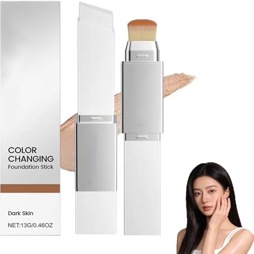 Base de maquillaje cambiante de color para piel madura, barra de base de maquillaje coreana blanca que cambia de color con pincel, corrector en barra, ligero, de larga duración y portátil. (Deep skin)
